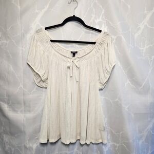 Torrid Knit Guaze Peasant Top Women's 1 Scoop Neck Cap Sleeve White Sheer Bow